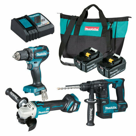 Makita DLX3179TX1 LXT 18V accu combiset (DDF485 + DHR171 + DGA511 incl. 2x 5 Ah accu &#039;s en Lader) in tas