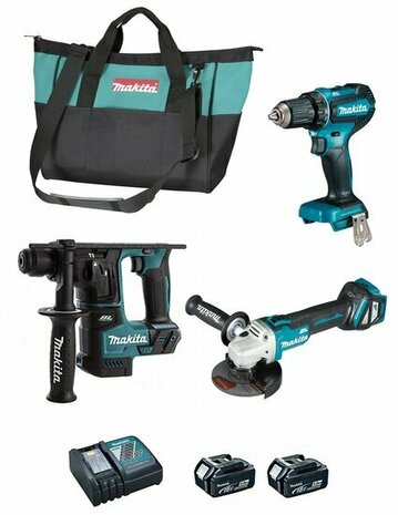 Makita DLX3179TX1 LXT 18V accu combiset (DDF485 + DHR171 + DGA511 incl. 2x 5 Ah accu &#039;s en Lader) in tas