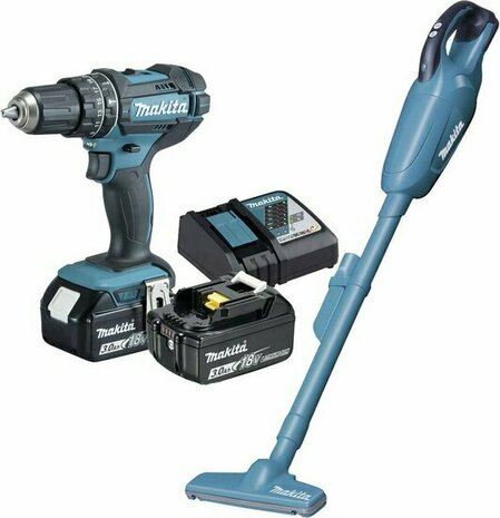 Makita DLX2422 Combiset LXT 18V Accu-klopboor/schroefmachine DHP482 + stofzuiger DCL181F incl. 2x 3ah accu&#039;s en lader