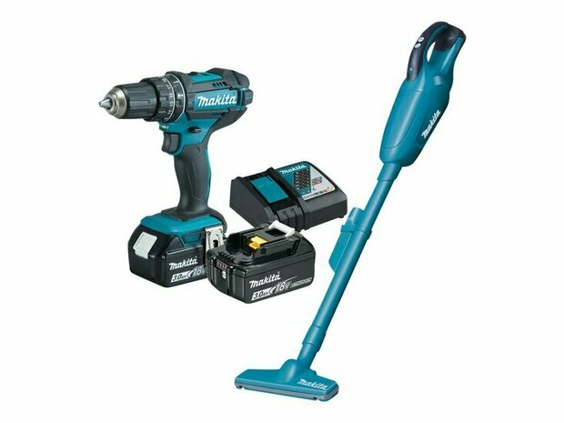 Makita DLX2422 Combiset LXT 18V Accu-klopboor/schroefmachine DHP482 + stofzuiger DCL181F incl. 2x 3ah accu&#039;s en lader