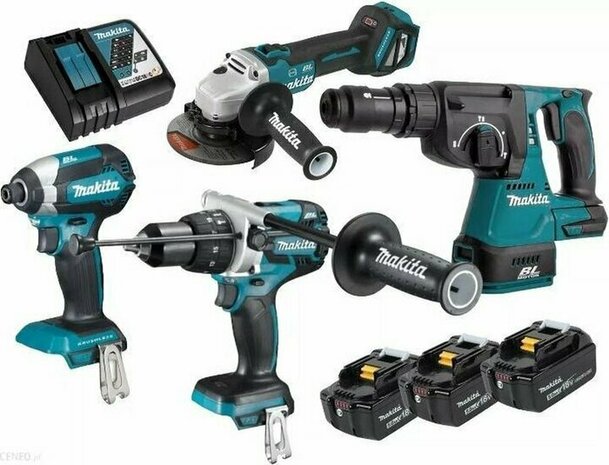 Makita DLX4104TJ1 Combiset 4-delig 3x 18V 5,0Ah + Mbox koffers (DHP481+ DTD153+ DGA513+ DHR243+3x5ah en lader)