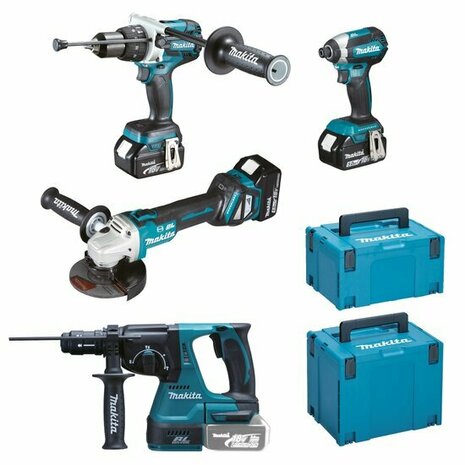 Makita DLX4104TJ1 Combiset 4-delig 3x 18V 5,0Ah + Mbox koffers (DHP481+ DTD153+ DGA513+ DHR243+3x5ah en lader)