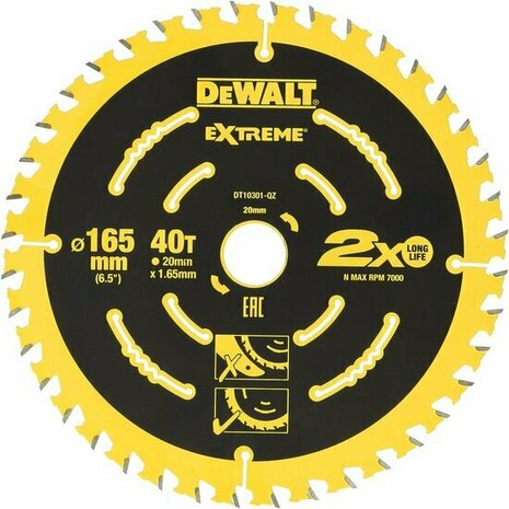 DeWalt DT10301-QZ Extreme Cirkelzaagblad - 165 x 20 x 40T - Hout (Met nagels)