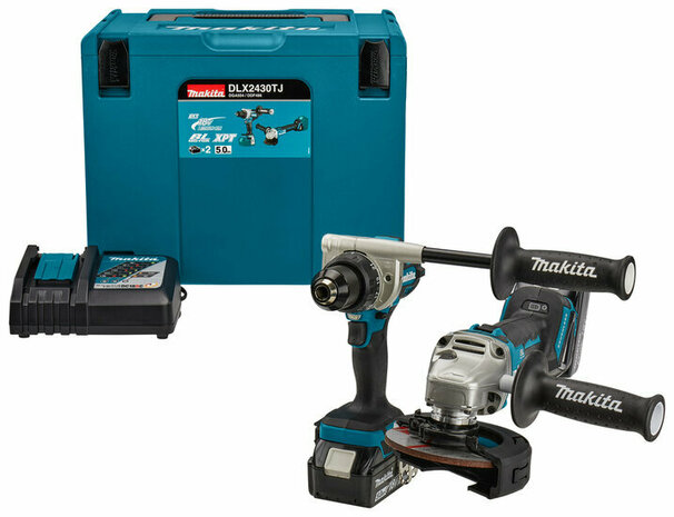 Makita DLX2430TJ 18V accu boor-/schroefmachine (DDF486) + Haakse slijper (DGA504) Combiset (2x 5.0Ah en lader) in Mbox 4