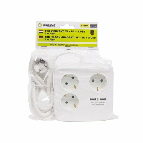 Stekkerdoos - 1,5 meter - 16A (230V) - 2 USB Aansluitingen - Wit