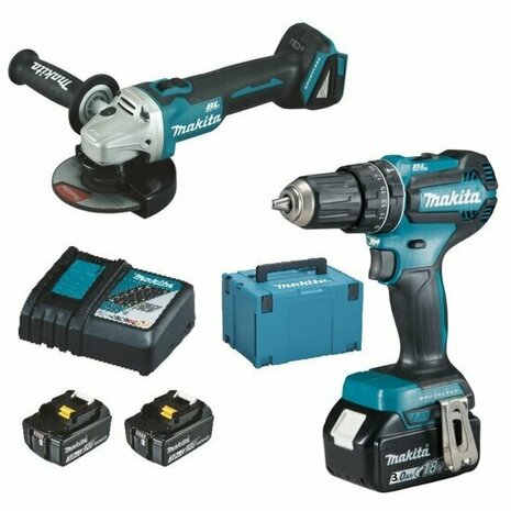 Makita DLX2334J 18V combiset (dhp485z klopboor-/schroefmachine + dga504z haakse slijper met 3st. 3ah accu&#039;s en lader in mbox 4)