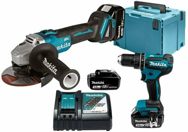 Makita DLX2334J 18V combiset (dhp485z klopboor-/schroefmachine + dga504z haakse slijper met 3st. 3ah accu&#039;s en lader in mbox 4)