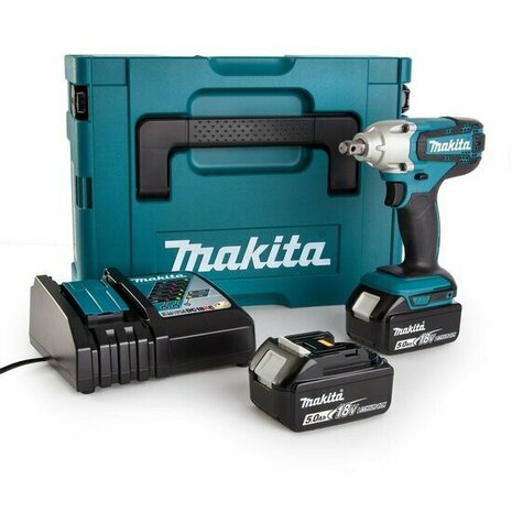 Makita DTW190RTJ 18V Accu slagmoersleutel set (2x 5.0Ah accu en lader) in Mbox - 190Nm - 1/2&quot; - koolborstelloos