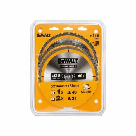 DeWalt DT1962 3-delige Cirkelzaagbladen set 216 x 30 x 24T / 40T voor Hout (Met nagels)