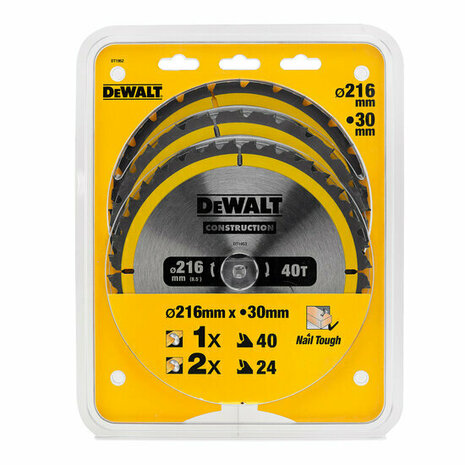 DeWalt DT1962 3-delige Cirkelzaagbladen set 216 x 30 x 24T / 40T voor Hout (Met nagels)