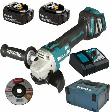 Makita DGA511RTJ 18V Accu haakse slijper set (2x5Ah accu en lader) in Mbox - 125mm - koolborstelloos