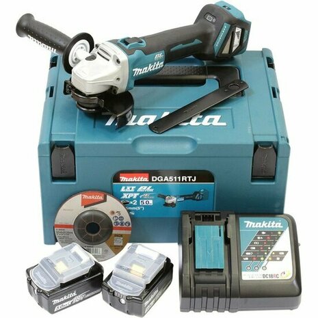 Makita DGA511RTJ 18V Accu haakse slijper set (2x5Ah accu en lader) in Mbox - 125mm - koolborstelloos