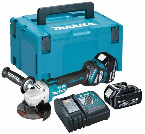 Makita DGA513RTJ 18V accu haakse slijper set (2x 5.0Ah accu) in Mbox  125mm koolborstelloos