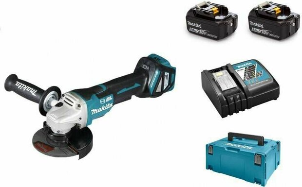 Makita DGA517RTJ 18V Accu haakse slijper (set 2x 5.0Ah accu en lader ) in Mbox - 125mm - koolborstelloos