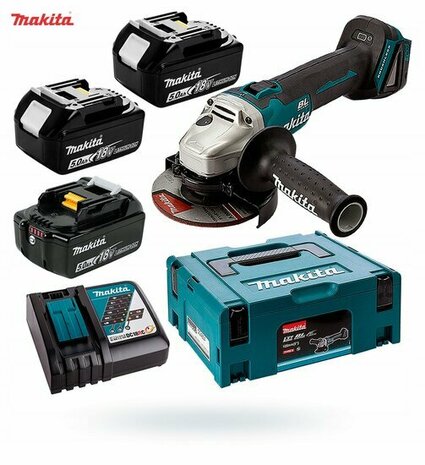 Makita DGA504RT3J 18V Haakse slijper 125mm 5,0 Ah accu&#039;s (3 stuks), snellader in Mbox, met vastzetschakelaar