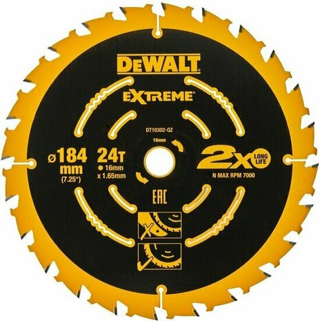 DeWalt DT10302-QZ Extreme Cirkelzaagblad - 184 x 16 x 24T - Hout Met nagels