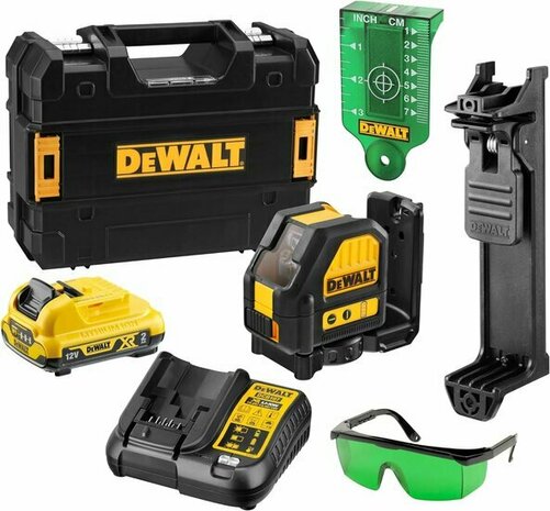 DeWalt DCE088D1G 10.8V accu zelfnivellerende kruislijnlaser set (1x 2.0Ah accu en lader) in koffer - 2 lijnen - 30m - groen