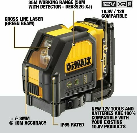 DeWalt DCE088D1G 10.8V accu zelfnivellerende kruislijnlaser set (1x 2.0Ah accu en lader) in koffer - 2 lijnen - 30m - groen