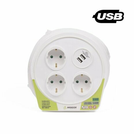 Stekkerdoos - 10 meter - 16A (220V) - 2 USB Aansluitingen - Wit