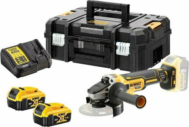 DeWalt DCG405P2-QW XR 18V accu haakse slijper set (2x 5.0Ah accu + lader) in TSTAK - 125mm - koolborstelloos