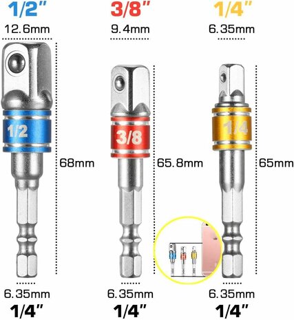 opzetstuk adapter (1/4 inch, boor zeskantschacht) en 3-delige adapter socket dopsleutel set voor bithouder (1/4,3/8,1/2 inch)