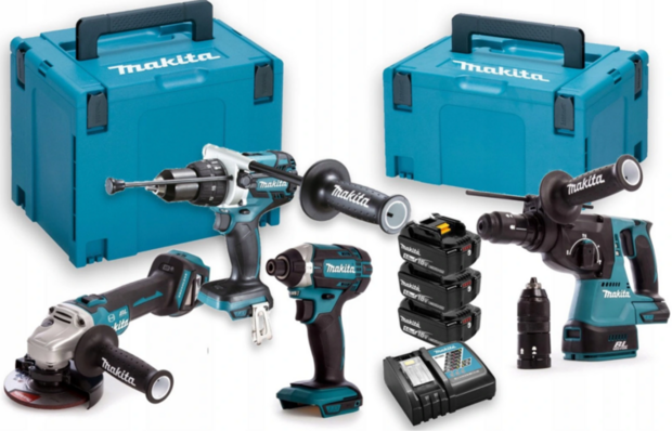 Makita DLX4104TJ1 Combiset 4-delig 3x 18V 5,0Ah + Mbox koffers (DHP481+ DTD153+ DGA513+ DHR243+3x5ah en lader)