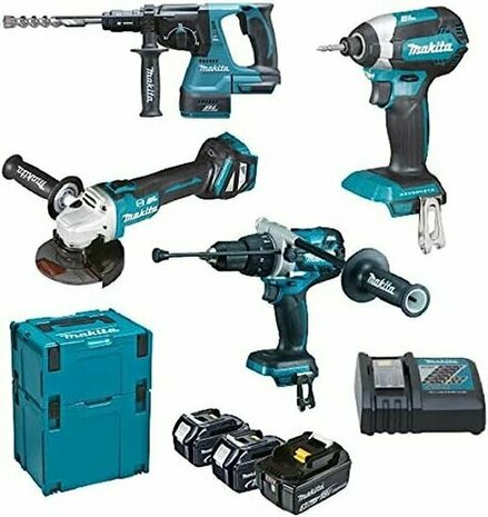 Makita DLX4104TJ1 Combiset 4-delig 3x 18V 5,0Ah + Mbox koffers (DHP481+ DTD153+ DGA513+ DHR243+3x5ah en lader)