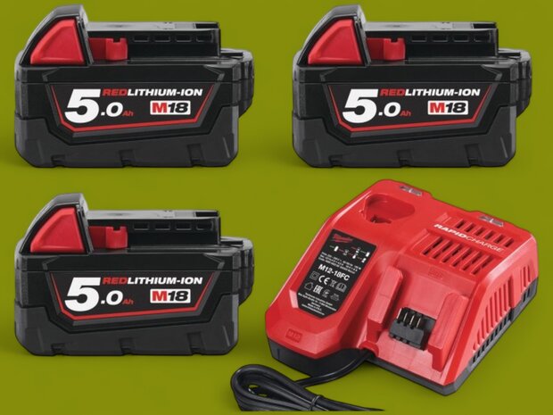 Milwaukee M18 NRG-503 18V Li-Ion accu starterset 3x M18 B5 5.0Ah Redlithium-Ion accu + snellader M12-18FC - 4933451423