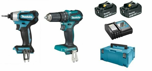 MAKITA DLX2221JX2 18V (KLOP)BOOR-SCHROEFMACHINE DHP483 + SLAGSCHROEVENDRAAIER DTD155 MET 3.0AH ACCU&#039;S