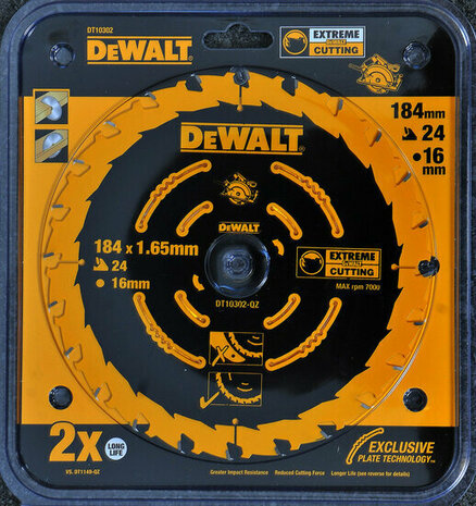 DeWalt DT10302-QZ Extreme Cirkelzaagblad - 184 x 16 x 24T - Hout Met nagels