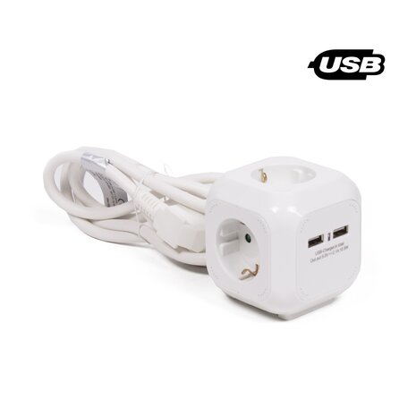 Stekkerdoos 3-voudig + RA + 2 USB 2.4a 1.5 mtr blok