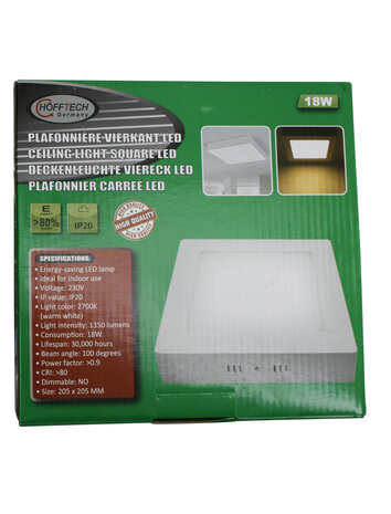 LED plafonni&egrave;re vierkant 18W 205 x 205 mm