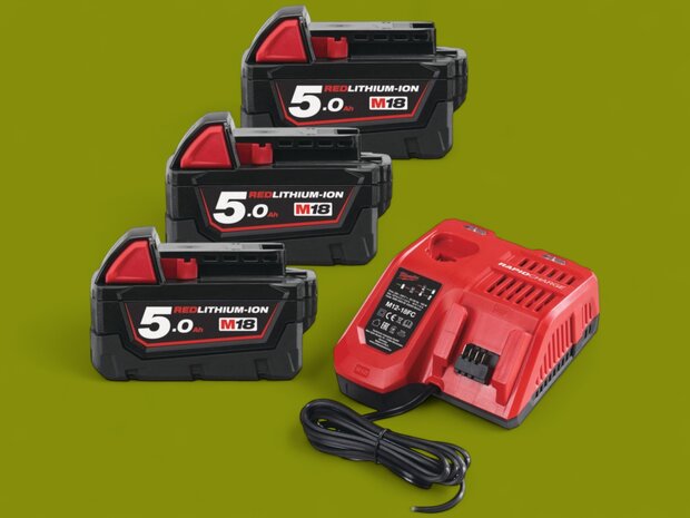 Milwaukee M18 NRG-503 18V Li-Ion accu starterset 3x M18 B5 5.0Ah Redlithium-Ion accu + snellader M12-18FC - 4933451423